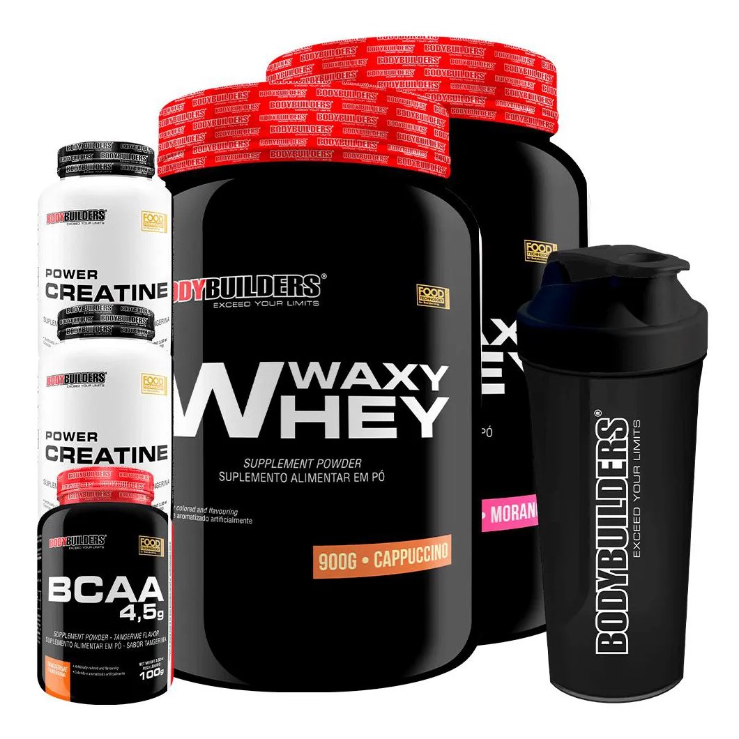 Kit 2x Waxy Whey 900g + Bcaa 4.5 100g + 2x Power Creatina 100g + Coqueteleira - Bodybuilders Morango e Cappuccino