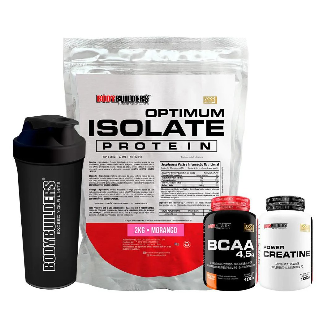 Kit Optimum Isolate Whey Protein 2kg + Bcaa 100g + Power Creatina 100g + Coqueteleira Sabor Morango - Bodybuilders
