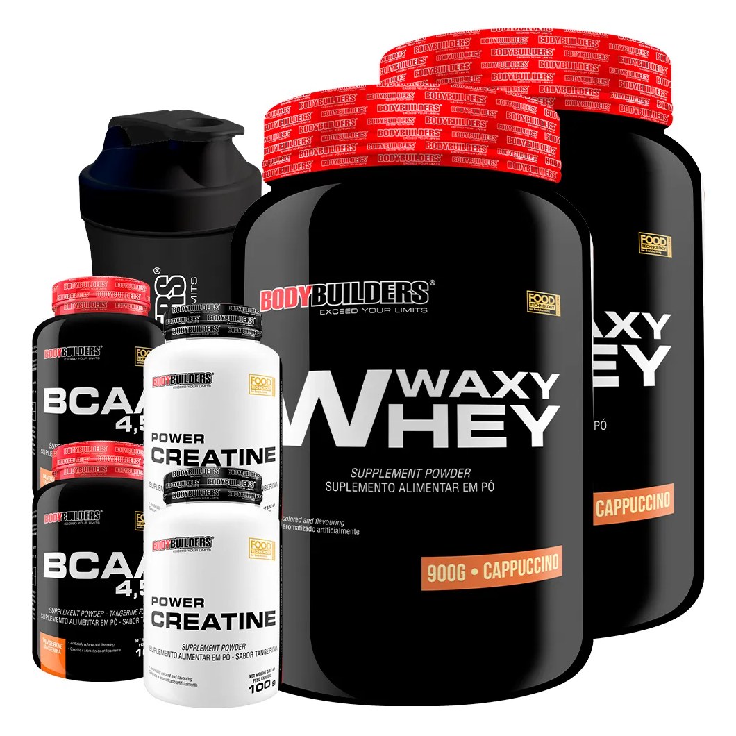 Kit 2x Waxy Whey 900g + 2x Bcaa 100g Tangerina + 2x Power Creatina 100g + Coq - Bodybuilders Cappuccino