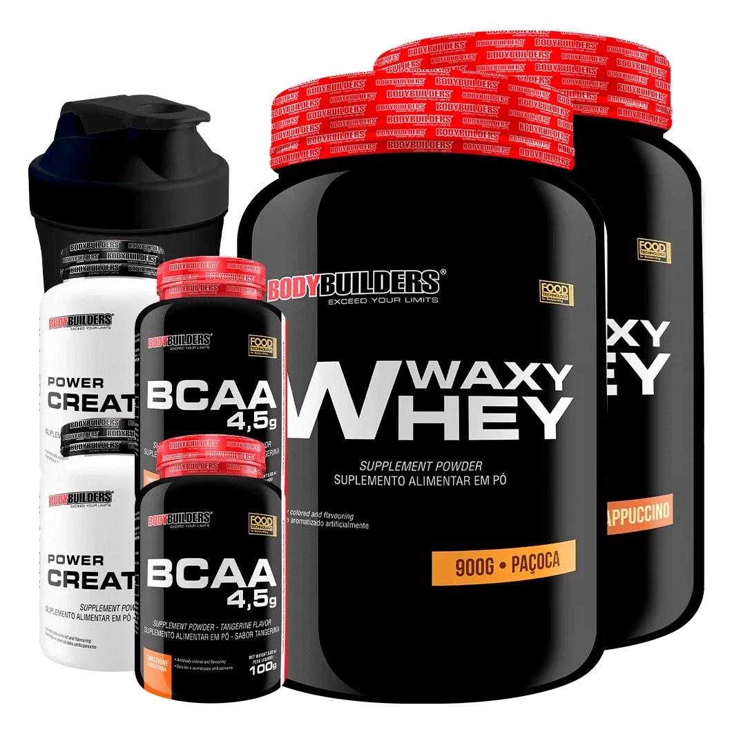 Kit 2x Waxy Whey 900g + 2x Bcaa 100g Tangerina + 2x Power Creatina 100g + Coq - Bodybuilders Cappuccino e Paçoca
