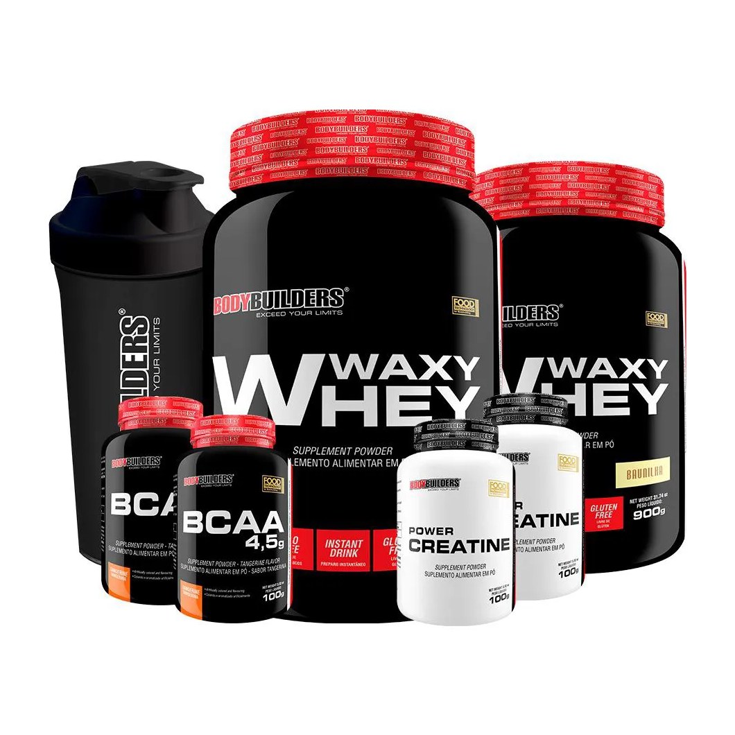 Kit 2x Waxy Whey 900g Sabor Baunilha + 2x Bcaa 100g Tangerina + 2x Power Creatina 100g + Coqueteleira - Bodybuilders