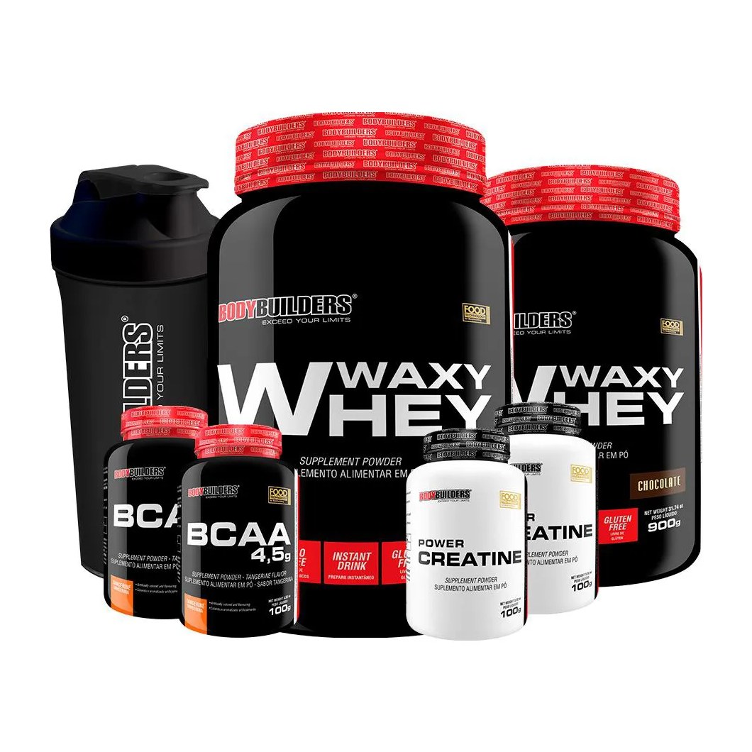 Kit 2x Waxy Whey 900g Sabor Chocolate + 2x Bcaa 100g Tangerina + 2x Power Creatina 100g + Coqueteleira - Bodybuilders