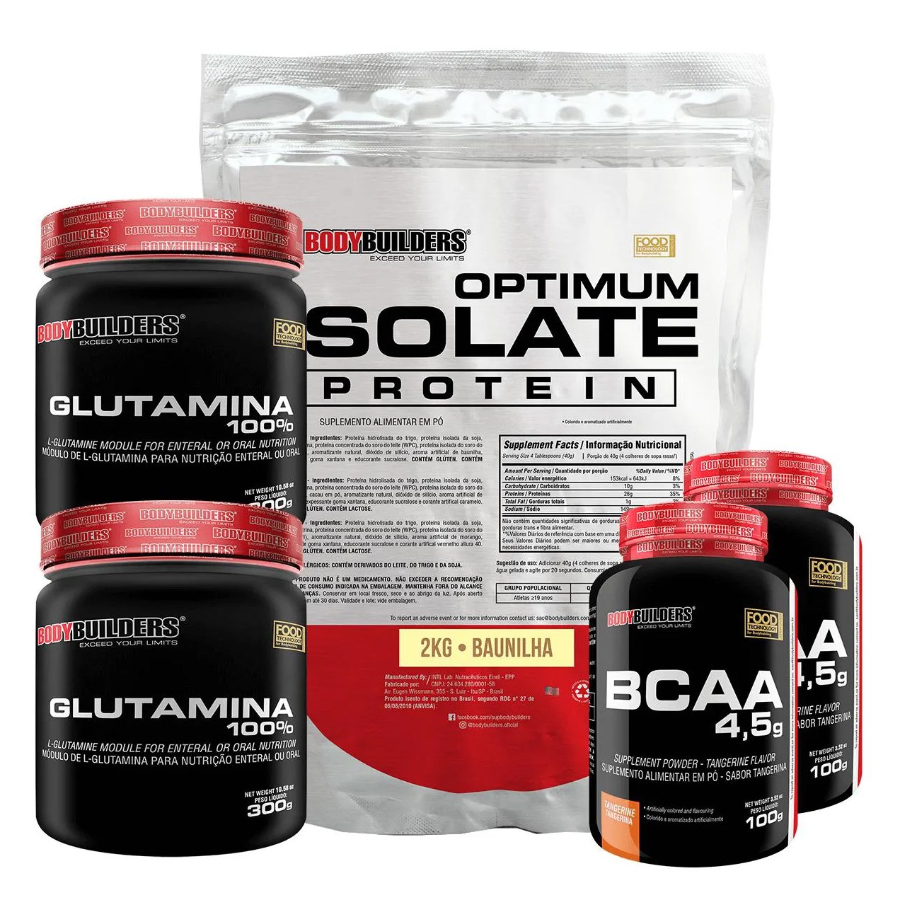 Kit Optimum Isolate Whey Protein 2kg + 2x Bcaa 100g + 2x Glutamina 300g Sabor Baunilha - Bodybuilders