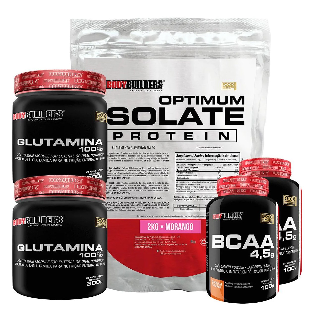 Kit Optimum Isolate Whey Protein 2kg + 2x Bcaa 100g + 2x Glutamina 300g Sabor Morango - Bodybuilders