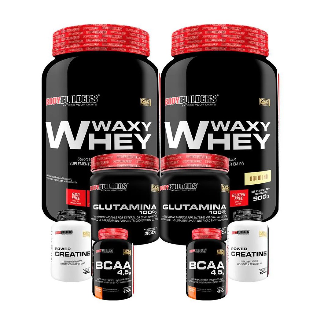 Kit 2x Waxy Whey 900g + 2x Power Creatina 100g + 2x Glutamina 300g + 2x Bcaa 4.5 100g - Bodybuilders Baunilha