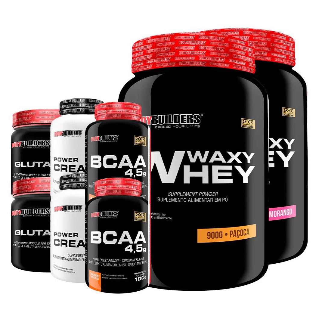 Kit 2x Waxy Whey 900g + 2x Power Creatina 100g + 2x Glutamina 300g + 2x Bcaa 4.5 100g - Bodybuilders Morango e Paçoca