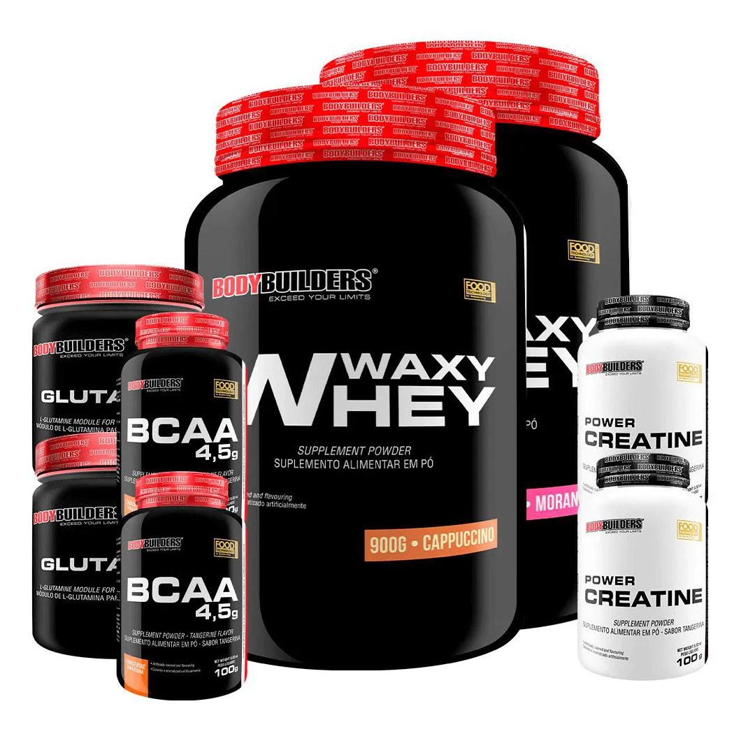 Kit 2x Waxy Whey 900g + 2x Power Creatina 100g + 2x Glutamina 300g + 2x Bcaa 4.5 100g - Bodybuilders Morango e Cappuccino
