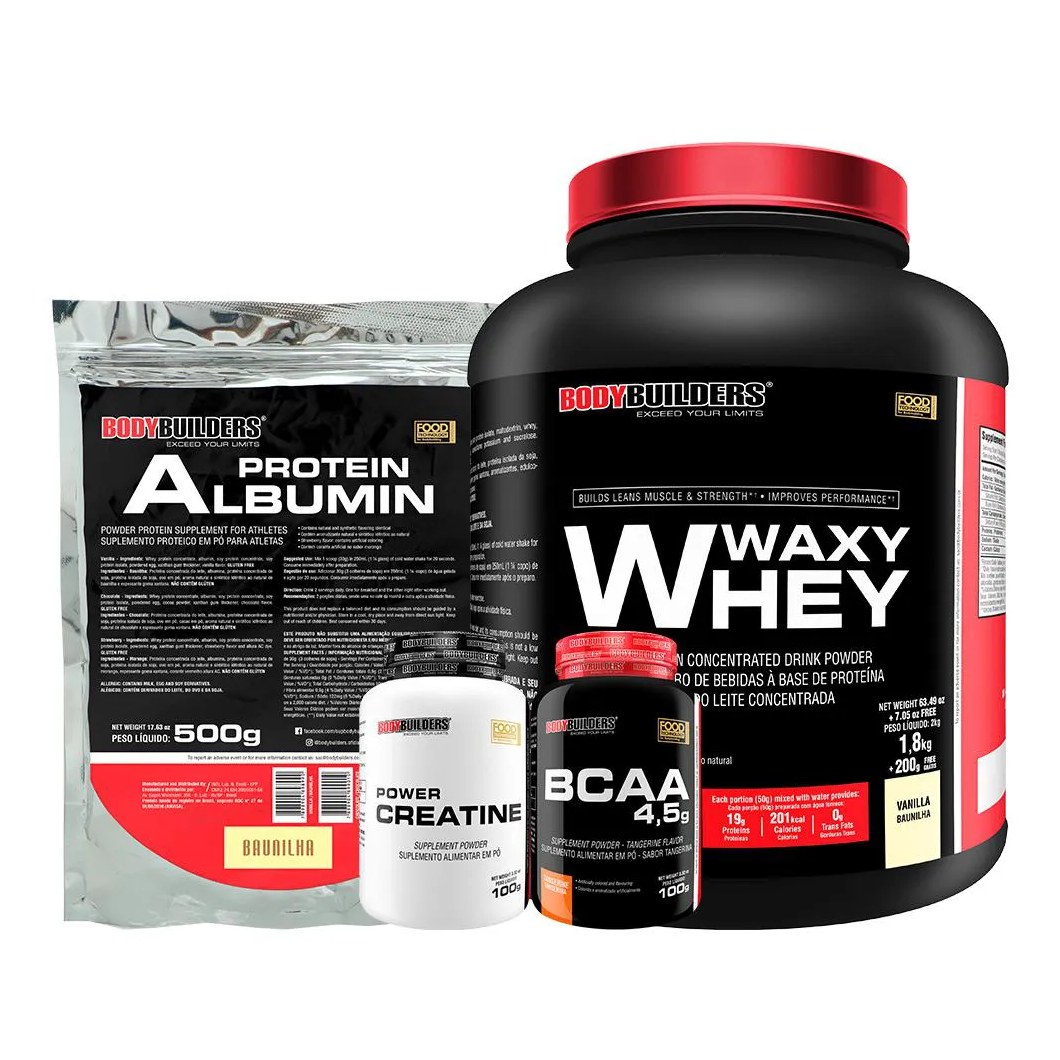 Kit BodyBuilders Whey Protein Waxy Whey Baunilha 2kg + BCAA Tangerina 100g + Creatina Power 100g