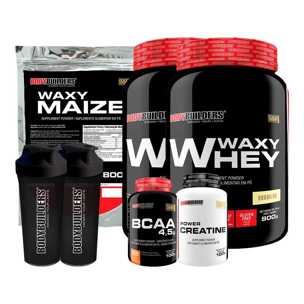 Kit 2x Waxy Whey 900g + Waxy Maize 800g + Power Creatina 100g + Bcaa 4.5 100g + 2x Coqueteleira - Bodybuilders Cappuccino e Morango
