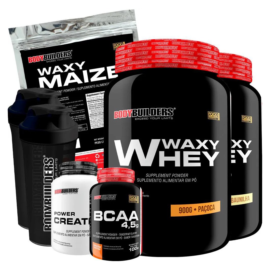 Kit 2x Waxy Whey 900g + Waxy Maize 800g + Power Creatina 100g + Bcaa 4.5 100g + 2x Coqueteleira - Bodybuilders Baunilha e Paçoca