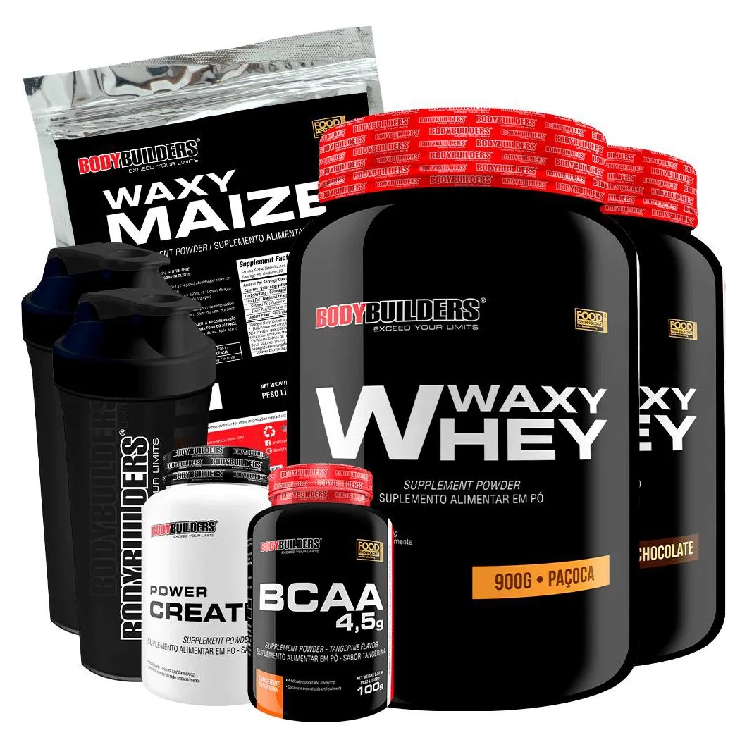 Kit 2x Waxy Whey 900g + Waxy Maize 800g + Power Creatina 100g + Bcaa 4.5 100g + 2x Coqueteleira - Bodybuilders Chocolate e Paçoca