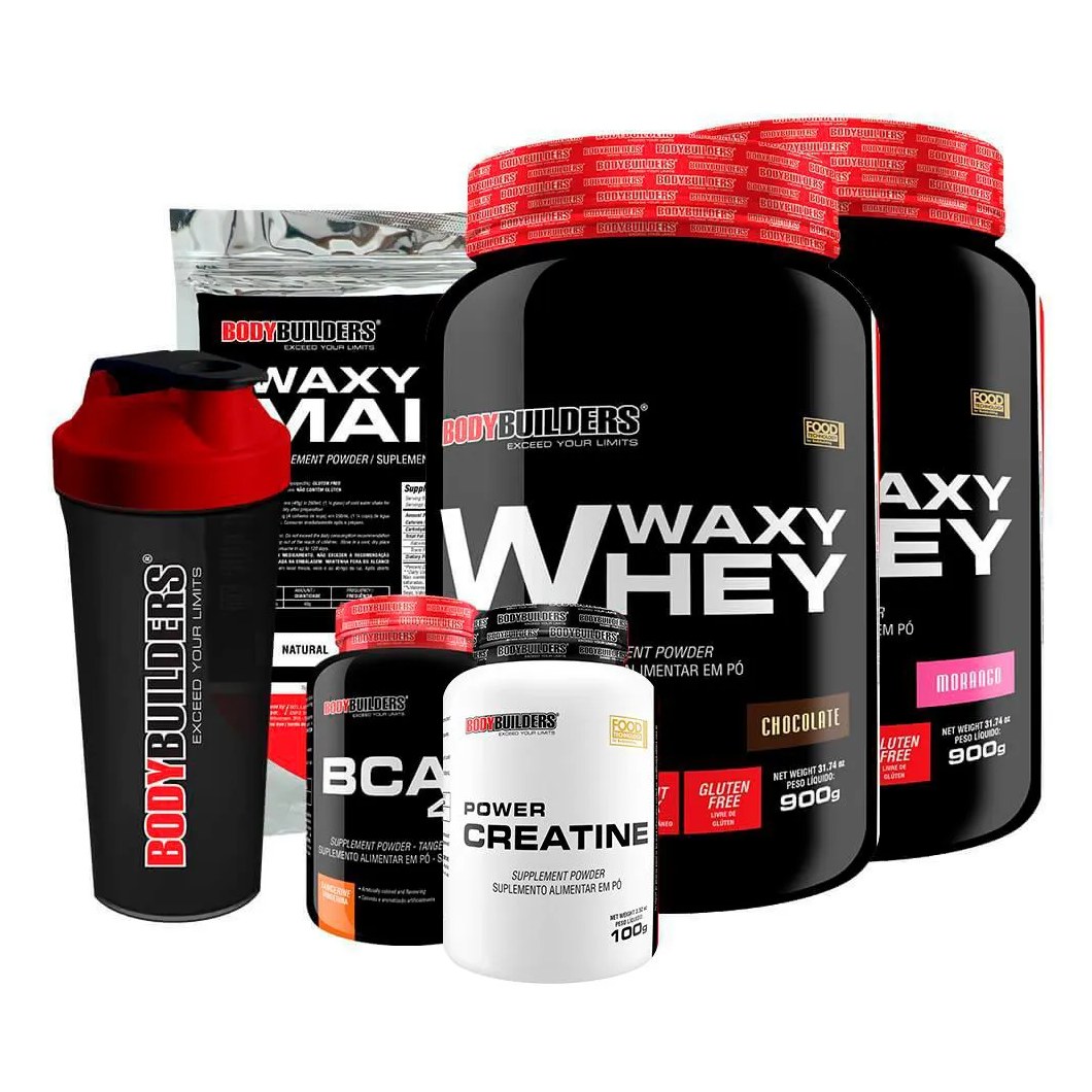 Kit 2x Waxy Whey 900g + Bcaa 100g + Power Creatine 100g + Waxy Maize 800g + Coq – Bodybuilders Baunilha