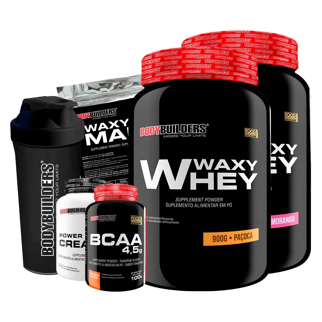 Kit 2x Waxy Whey 900g + Bcaa 100g + Power Creatine 100g + Waxy Maize 800g + Coq – Bodybuilders Morango e Paçoca