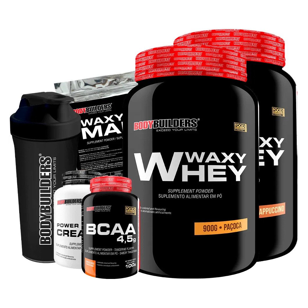 Kit 2x Waxy Whey 900g + Bcaa 100g + Power Creatine 100g + Waxy Maize 800g + Coq – Bodybuilders Cappuccino e Paçoca