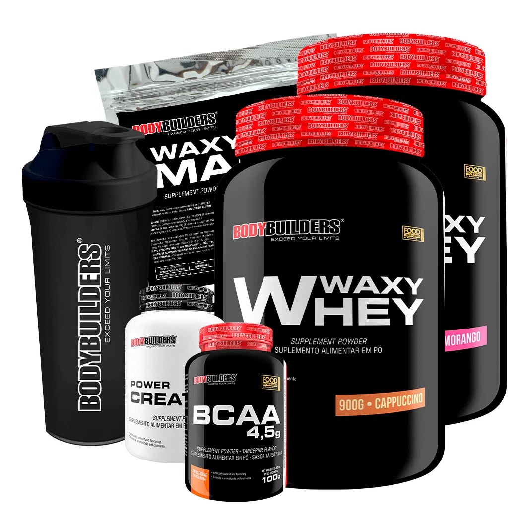 Kit 2x Waxy Whey 900g + Bcaa 100g + Power Creatine 100g + Waxy Maize 800g + Coq – Bodybuilders Morango e Cappuccino