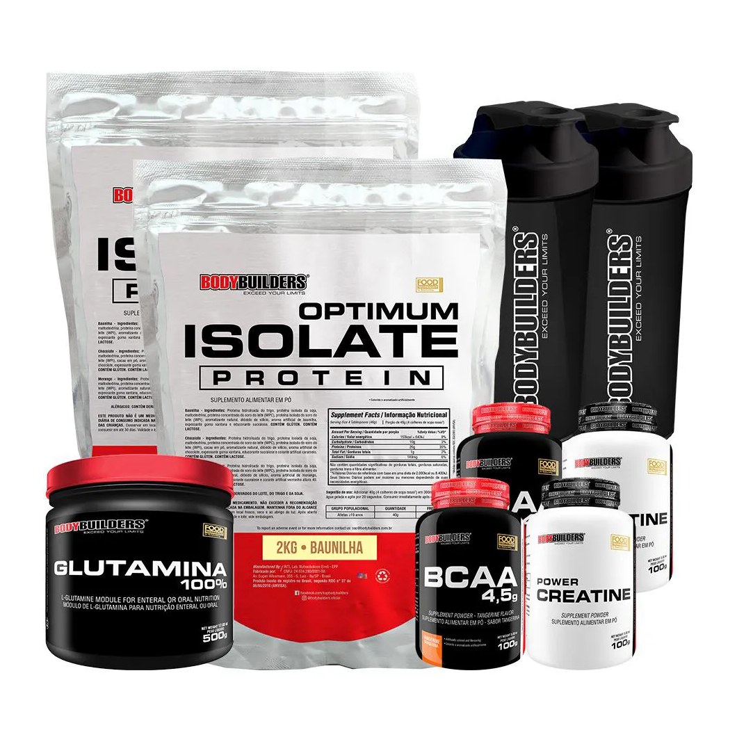 Kit 2x Optimum Isolate Protein 2kg + 2x Bcaa100g+ 2x Creatina100g + Glutamina 500g + 2x Coqueteleira Sabor Baunilha - Bodybuilders