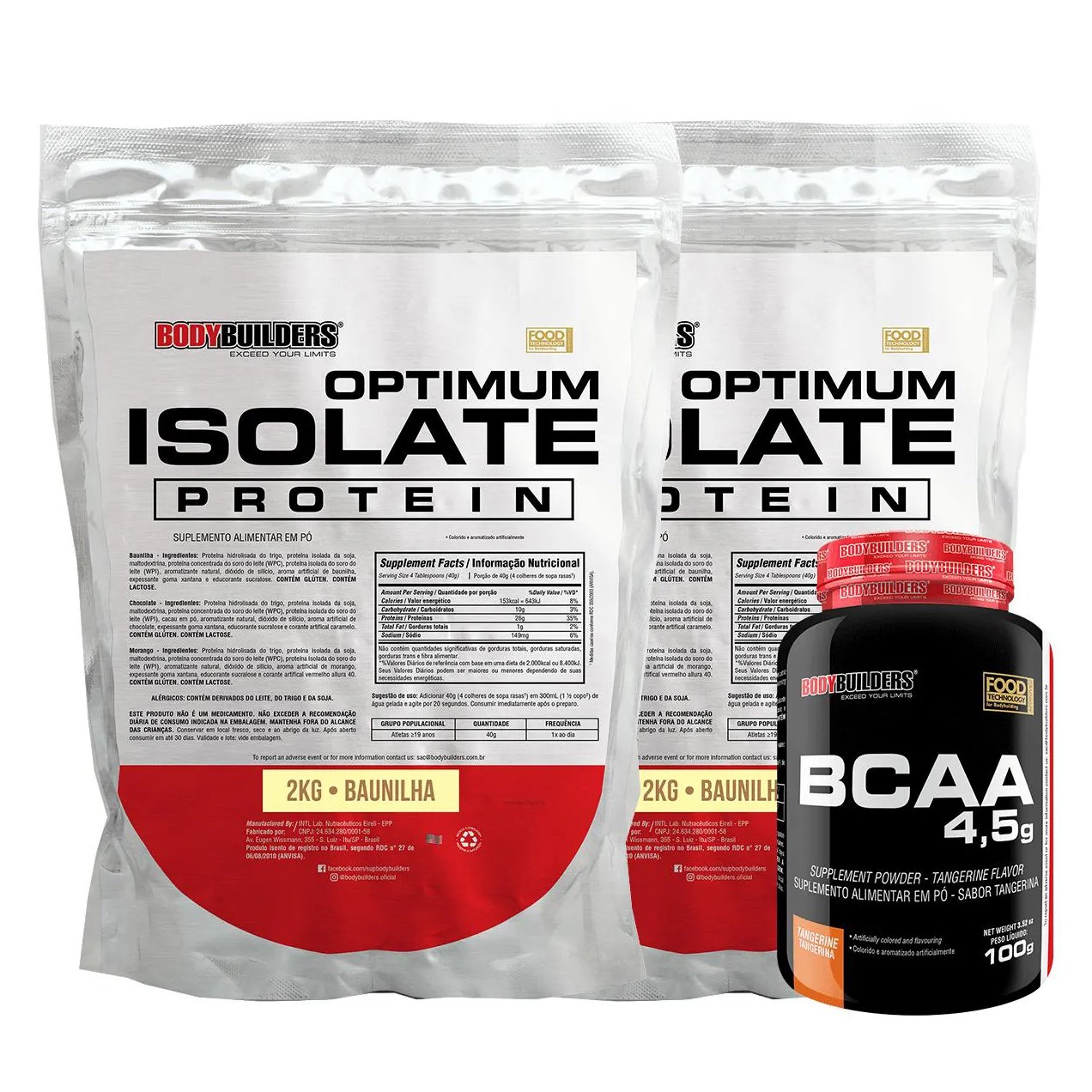 Kit 2x Optimum Isolate Whey Protein 2kg + Bcaa 100g Sabor Baunilha - Bodybuilders