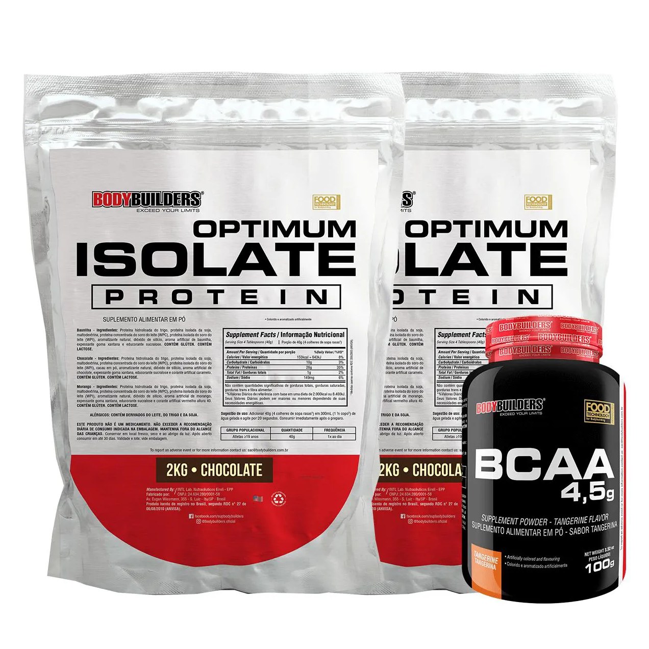 Kit 2x Optimum Isolate Whey Protein 2kg + Bcaa 100g Sabor Chocolate - Bodybuilders