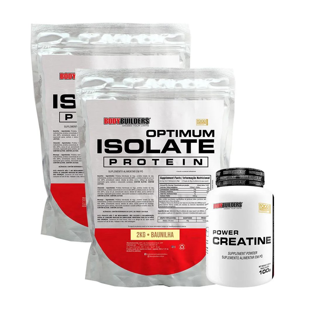 Kit 2x Optimum Isolate Whey Protein 2kg + Power Creatina 100g Sabor Baunilha - Bodybuilders