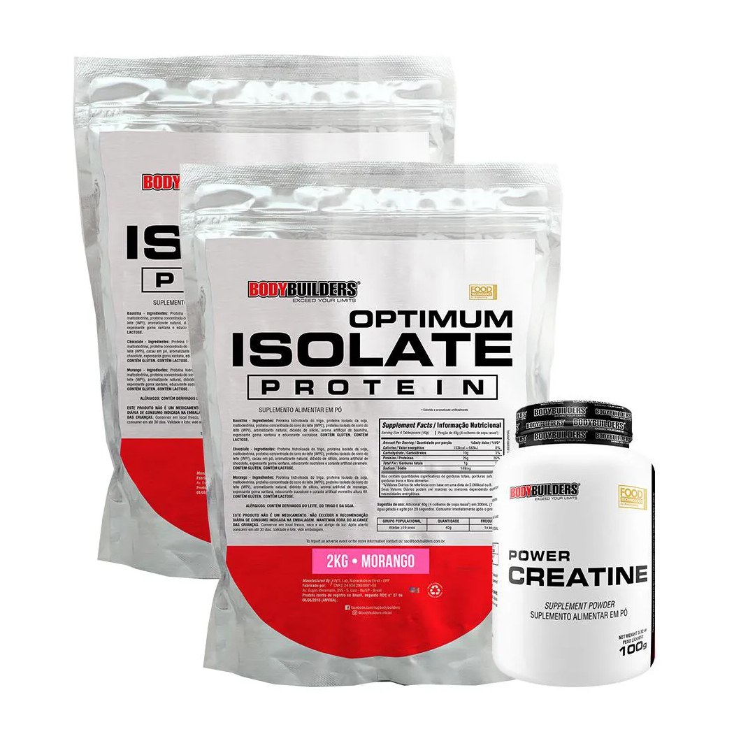 Kit 2x Optimum Isolate Whey Protein 2kg + Power Creatina 100g Sabor Morango - Bodybuilders
