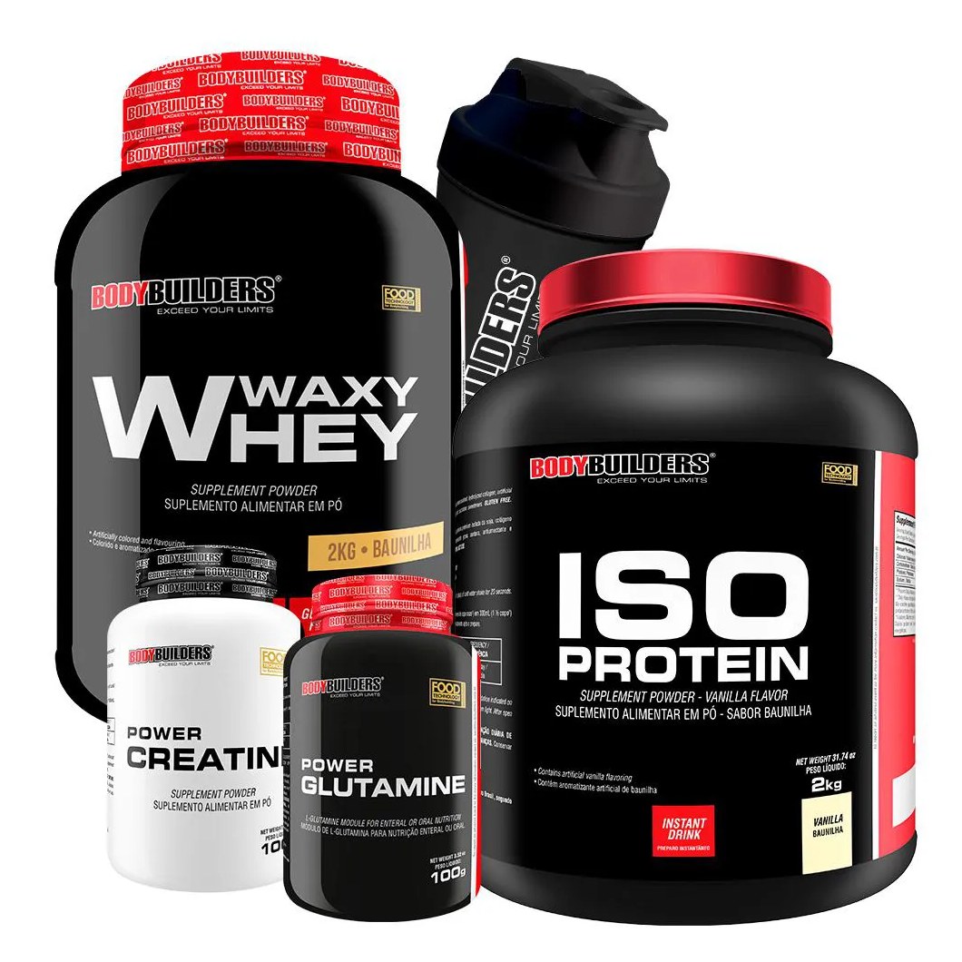 Kit Waxy Whey 2kg + Iso Protein 2kg+ Power Creatina 100g + Power Glutamina 100g + Coqueteleira Sabor: Baunilha - Bodybuilders