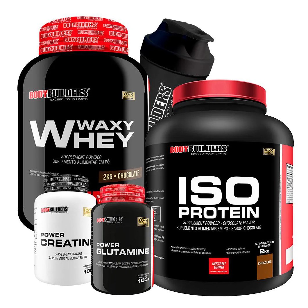 Kit Waxy Whey 2kg + Iso Protein 2kg+ Power Creatina 100g + Power Glutamina 100g + Coqueteleira Sabor: Chocolate - Bodybuilders