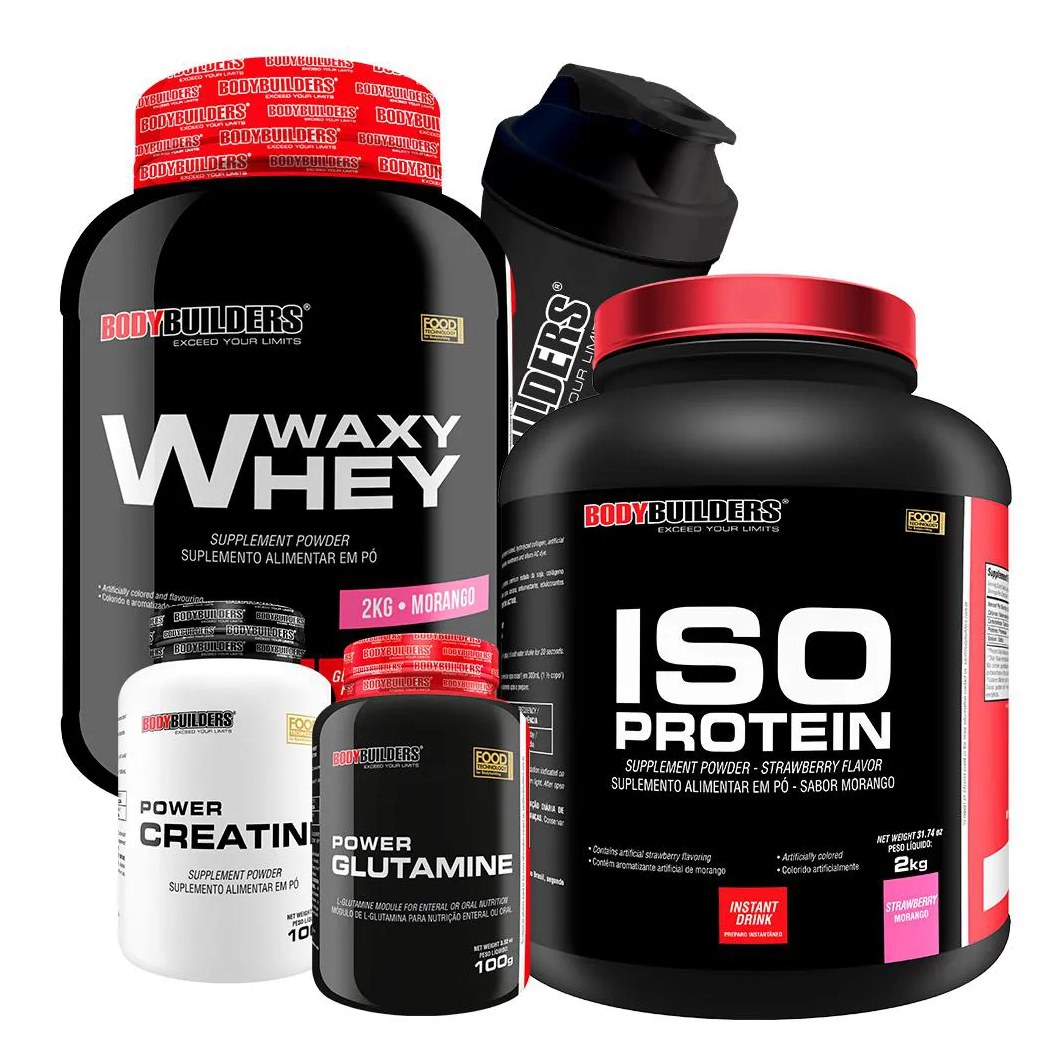 Kit Waxy Whey 2kg + Iso Protein 2kg+ Power Creatina 100g + Power Glutamina 100g + Coqueteleira Sabor: Morango - Bodybuilders