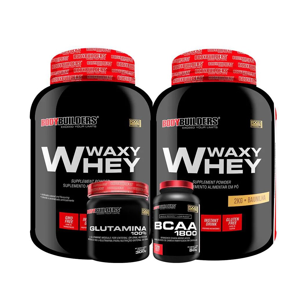 Kit 2x Whey Protein Waxy Whey 2kg + Glutamina 300g + Bcaa 1800 120 cápsulas - Bodybuilders Baunilha