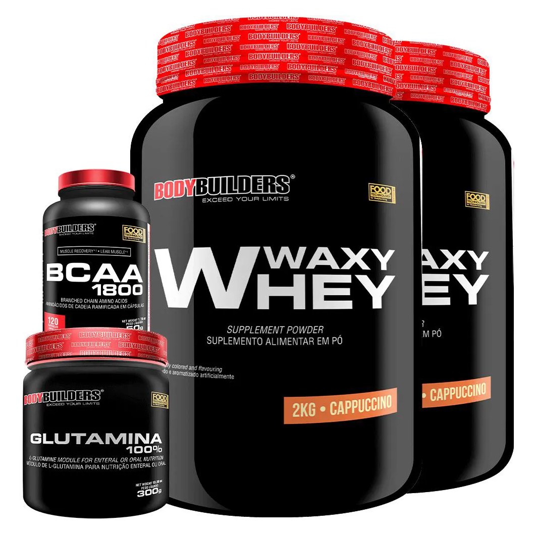 Kit 2x Whey Protein Waxy Whey 2kg + Glutamina 300g + Bcaa 1800 120 cápsulas - Bodybuilders Cappuccino