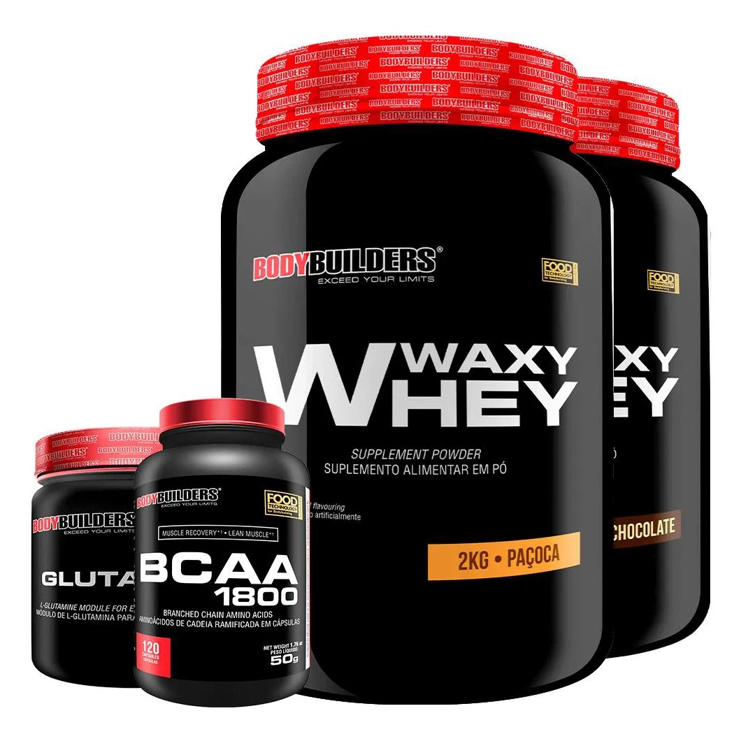 Kit 2x Whey Protein Waxy Whey 2kg + Glutamina 300g + Bcaa 1800 120 cápsulas - Bodybuilders Chocolate e Paçoca