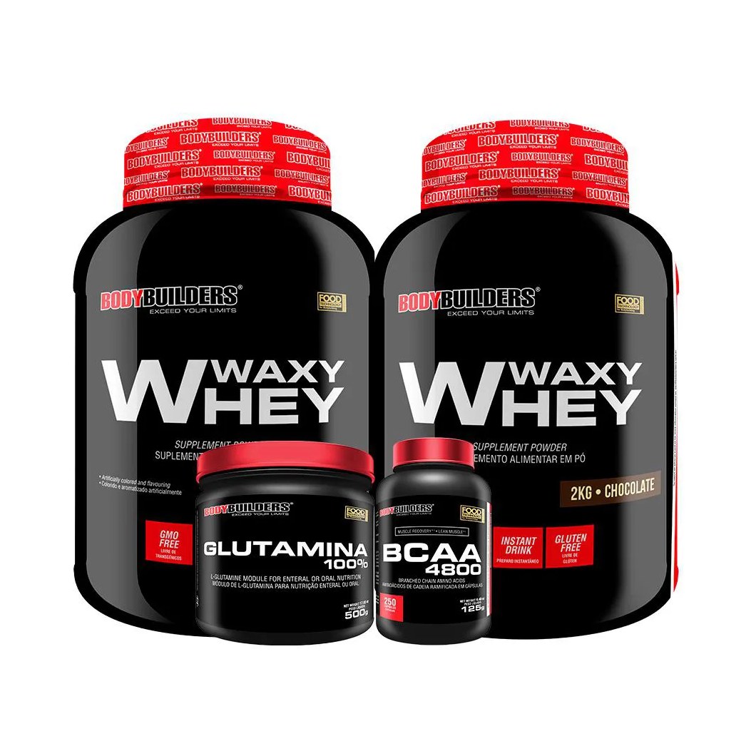 Kit 2x Whey Protein Waxy Whey 2kg + Glutamina 500g + Bcaa 4800 250 cápsulas - Bodybuilders Cappuccino e Baunilha
