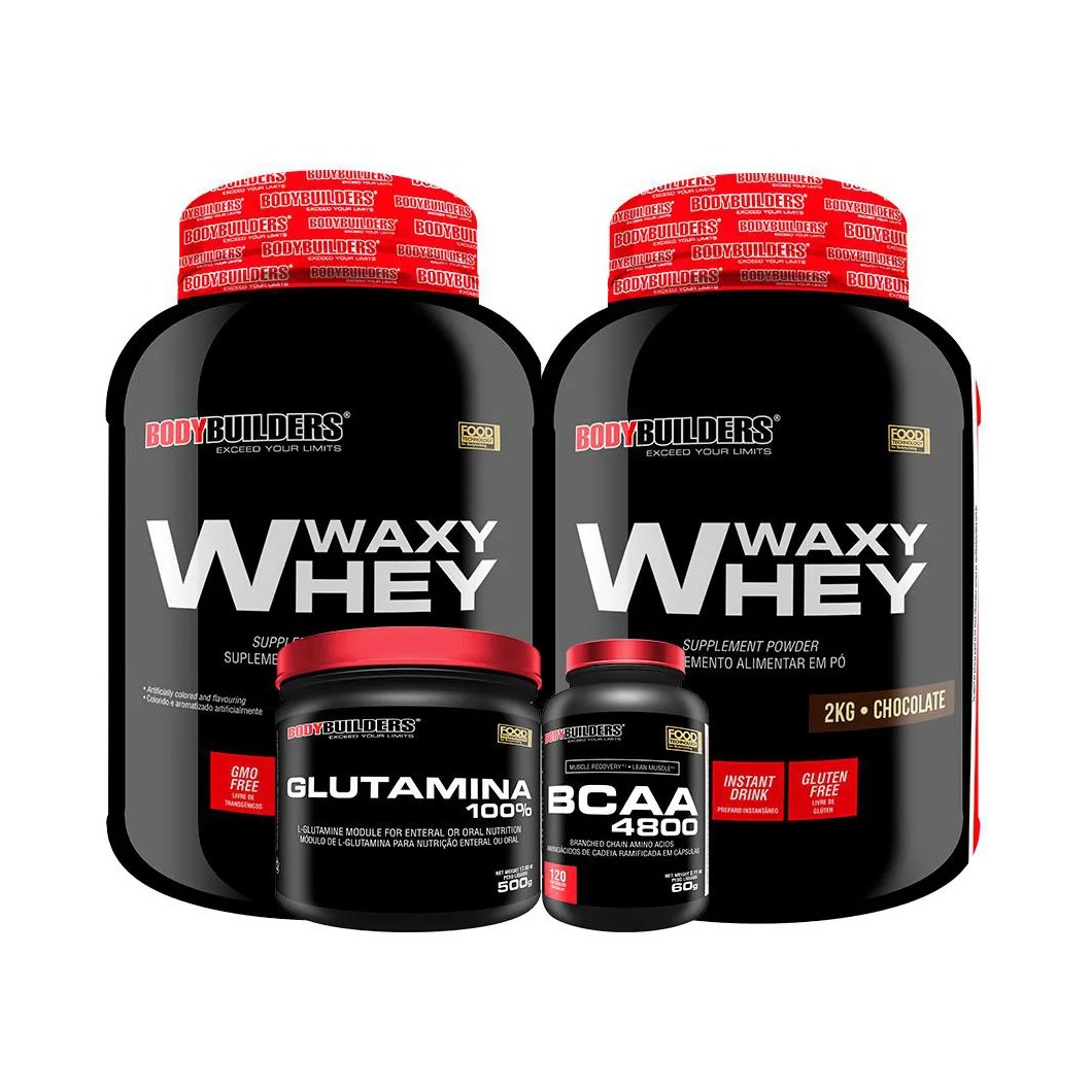 Kit 2x Whey Protein Waxy Whey 2kg + Glutamina 500g + Bcaa 4800 120 cápsulas - Bodybuilders Chocolate