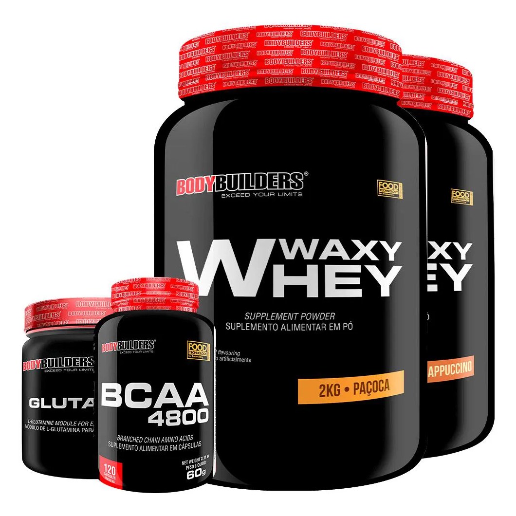 Kit 2x Whey Protein Waxy Whey 2kg + Glutamina 500g + Bcaa 4800 120 cápsulas - Bodybuilders Cappuccino e Paçoca