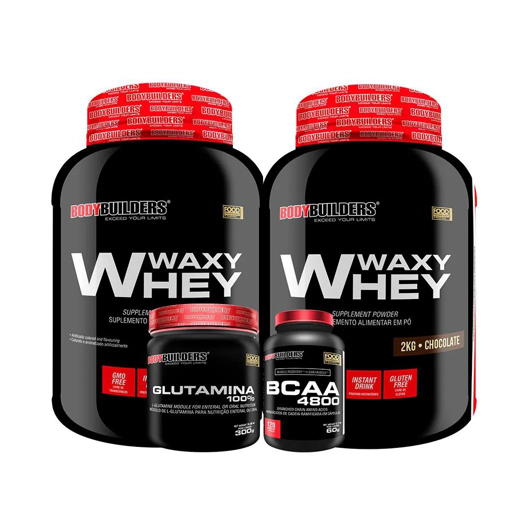 Kit 2x Whey Protein Waxy Whey 2kg + Glutamina 300g + Bcaa 4800 120 cápsulas - Bodybuilders Chocolate