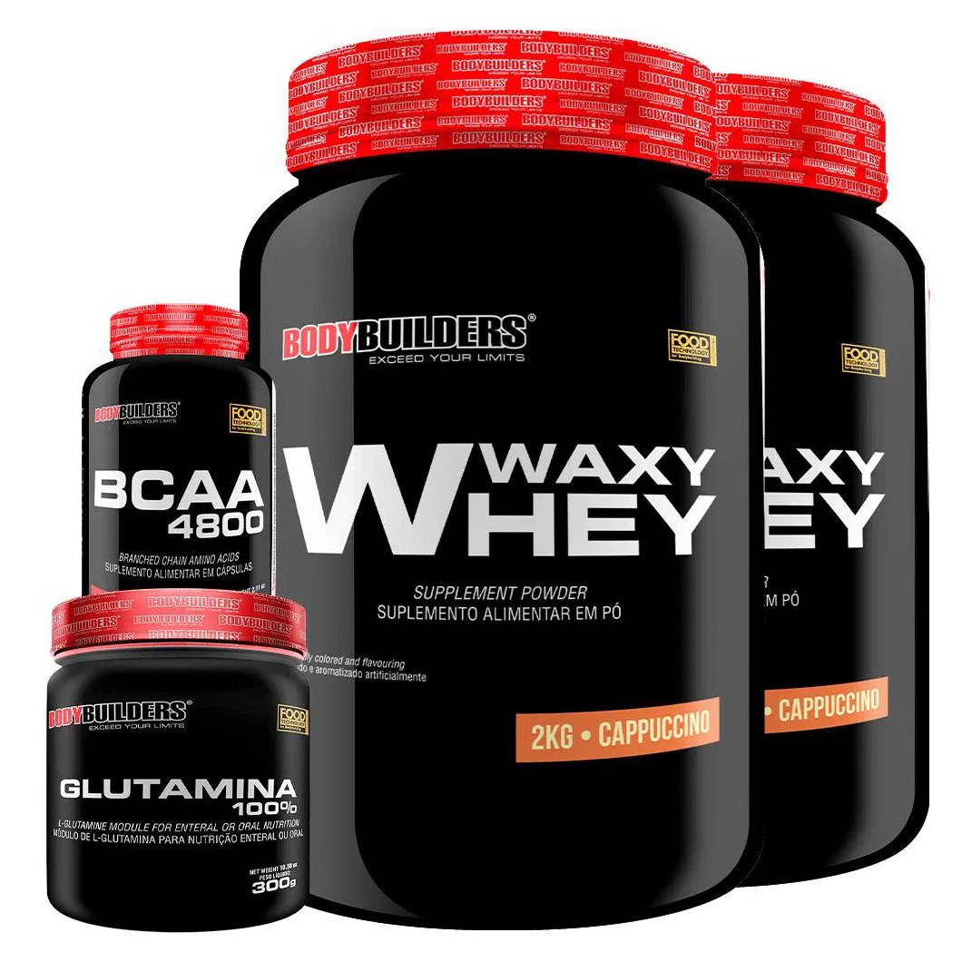 Kit 2x Whey Protein Waxy Whey 2kg + Glutamina 300g + Bcaa 4800 120 cápsulas - Bodybuilders Cappuccino