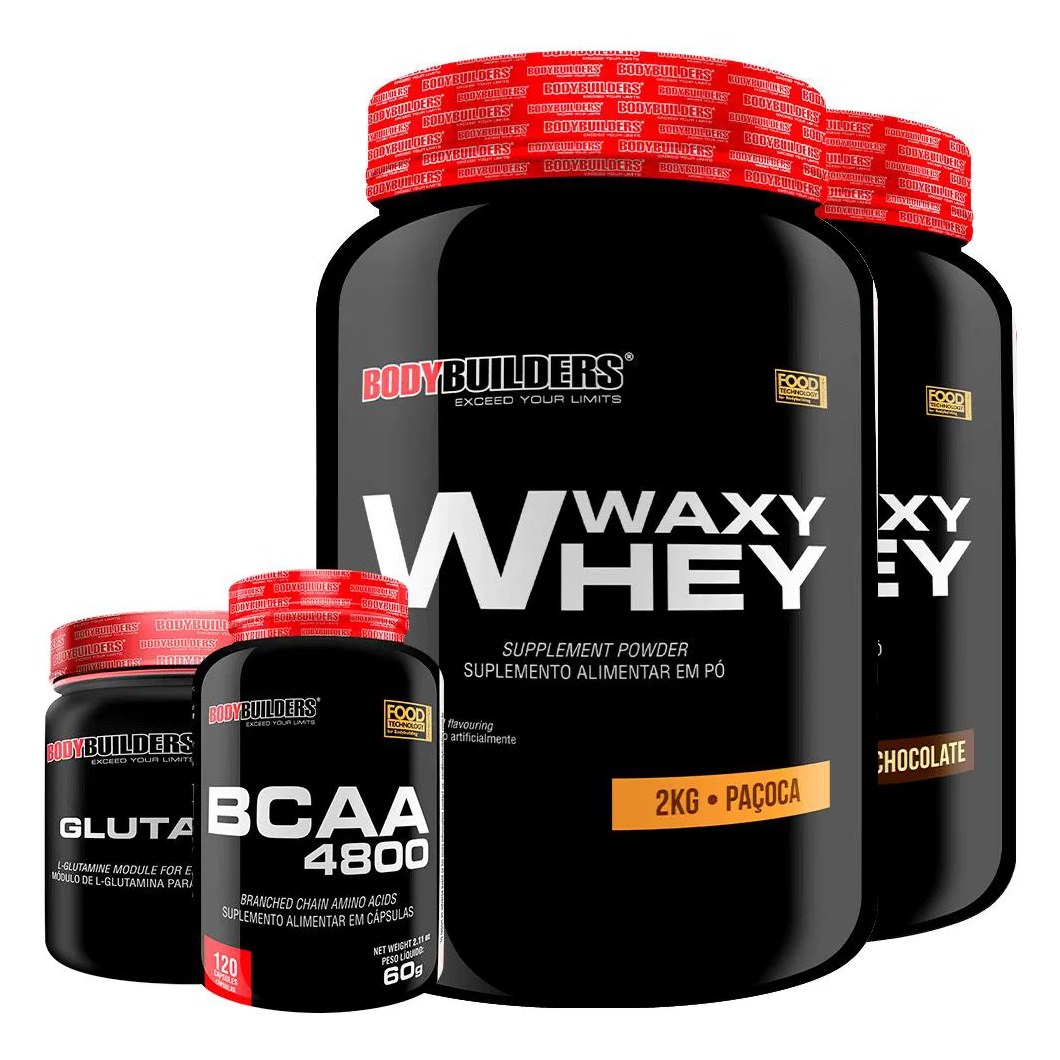 Kit 2x Whey Protein Waxy Whey 2kg + Glutamina 300g + Bcaa 4800 120 cápsulas - Bodybuilders Chocolate e Paçoca
