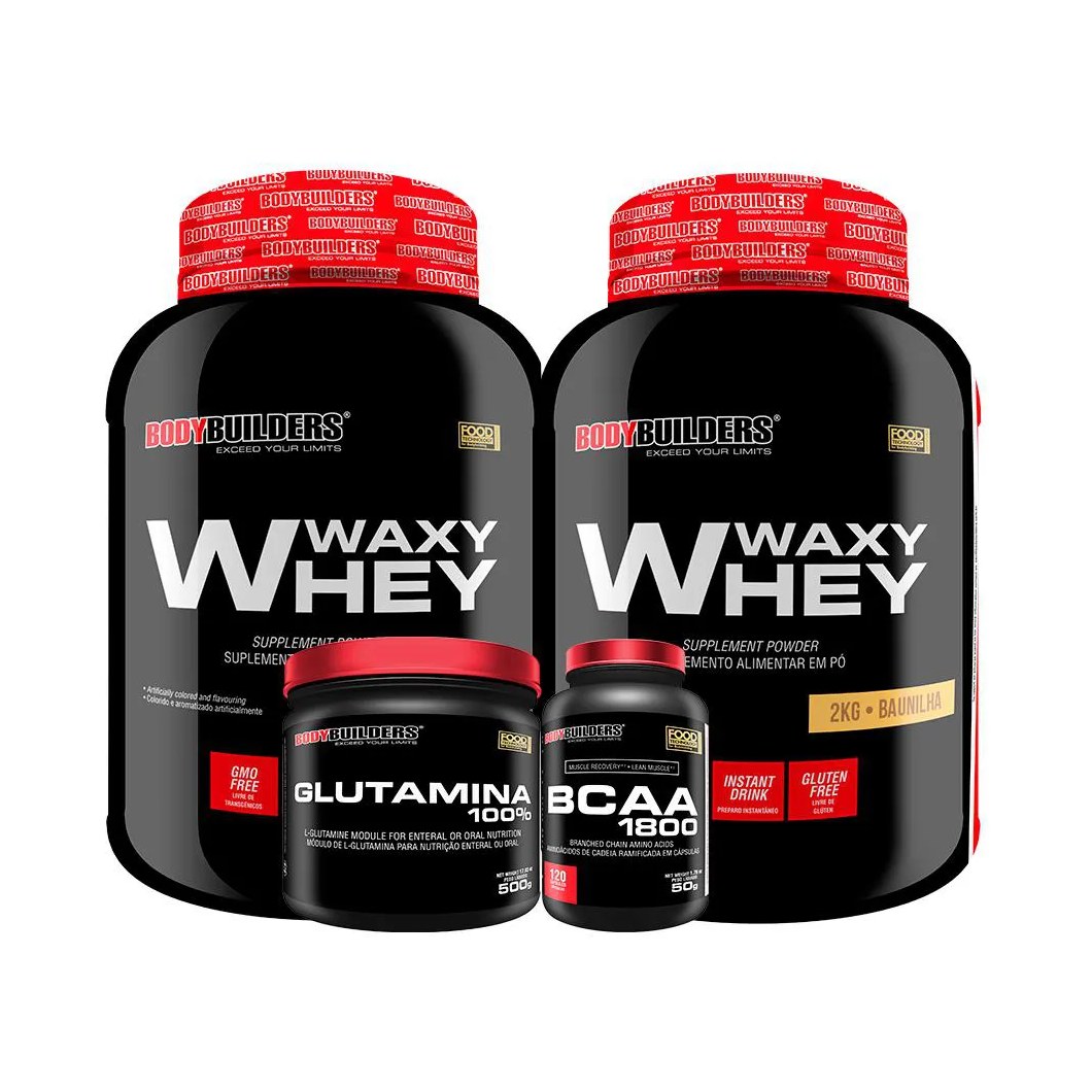 Kit 2x Whey Protein Waxy Whey 2kg + Glutamina 500g + Bcaa 1800 120 cápsulas - Bodybuilders Baunilha