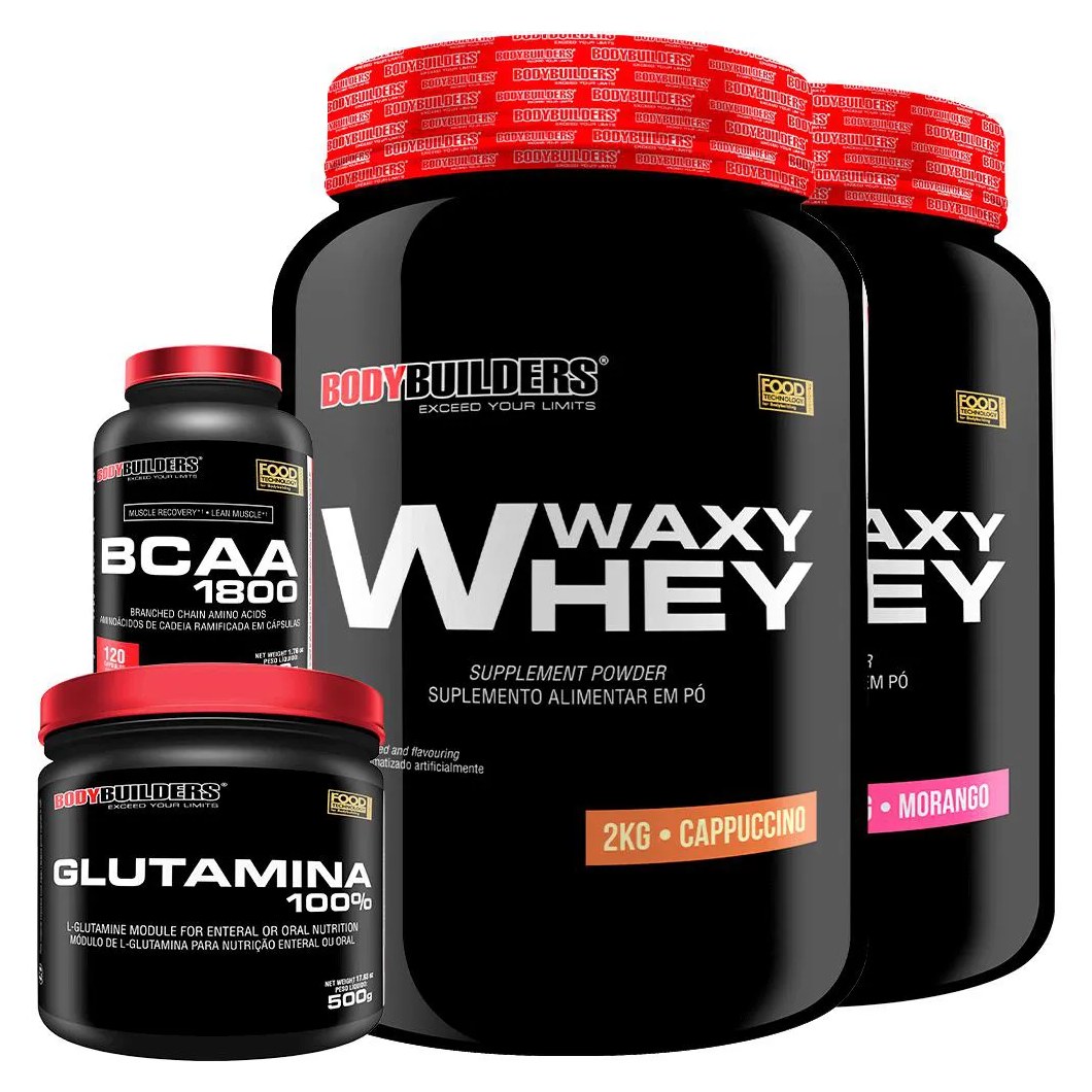 Kit 2x Whey Protein Waxy Whey 2kg + Glutamina 500g + Bcaa 1800 120 cápsulas - Bodybuilders Paçoca