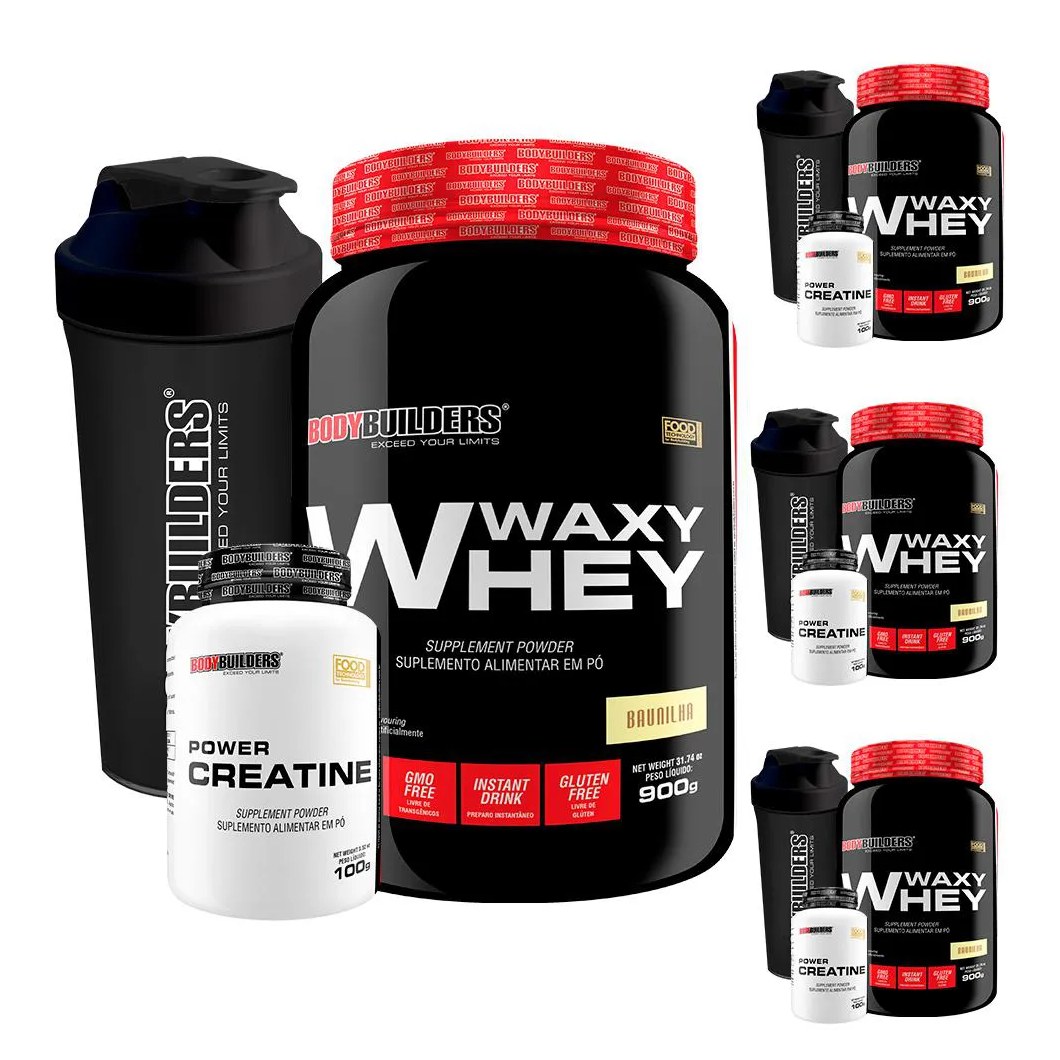 Kit 4x Whey Protein Waxy Whey 900g + 4x Power Creatina 100g + 4x Coqueteleira - Bodybuilders Chocolate