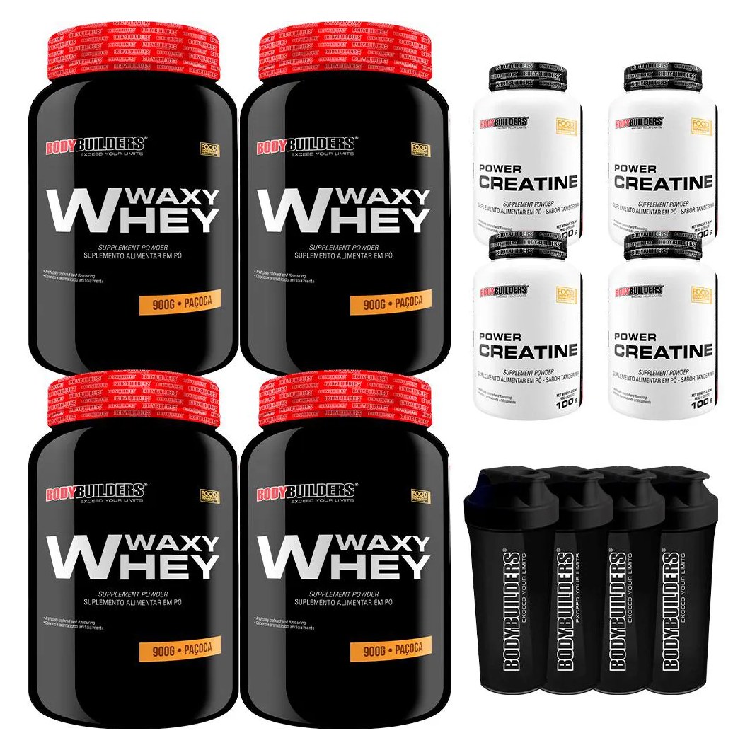 Kit 4x Whey Protein Waxy Whey 900g + 4x Power Creatina 100g + 4x Coqueteleira - Bodybuilders Paçoca