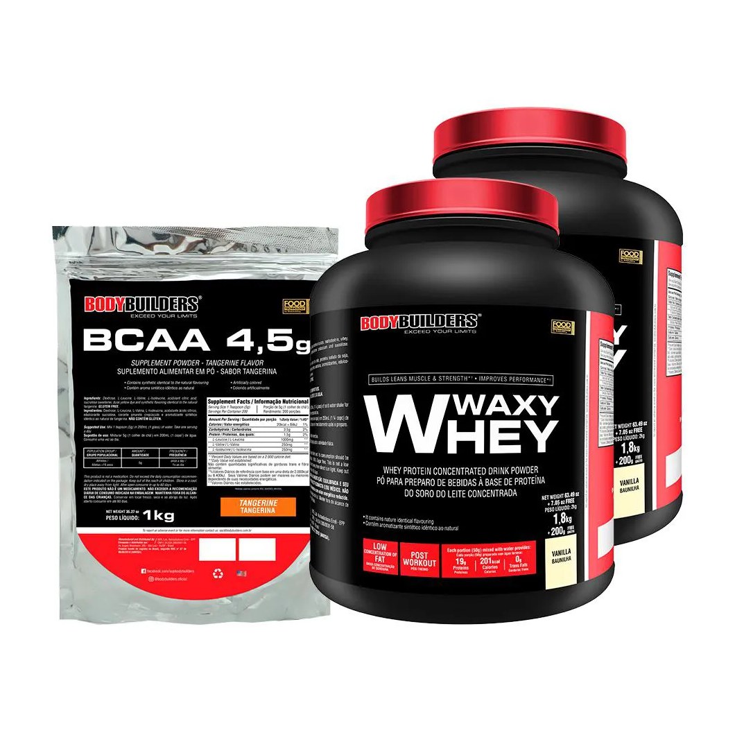 Kit 2x Waxy Whey 2kg + Bcaa 1kg Tangerina - Bodybuilders Baunilha
