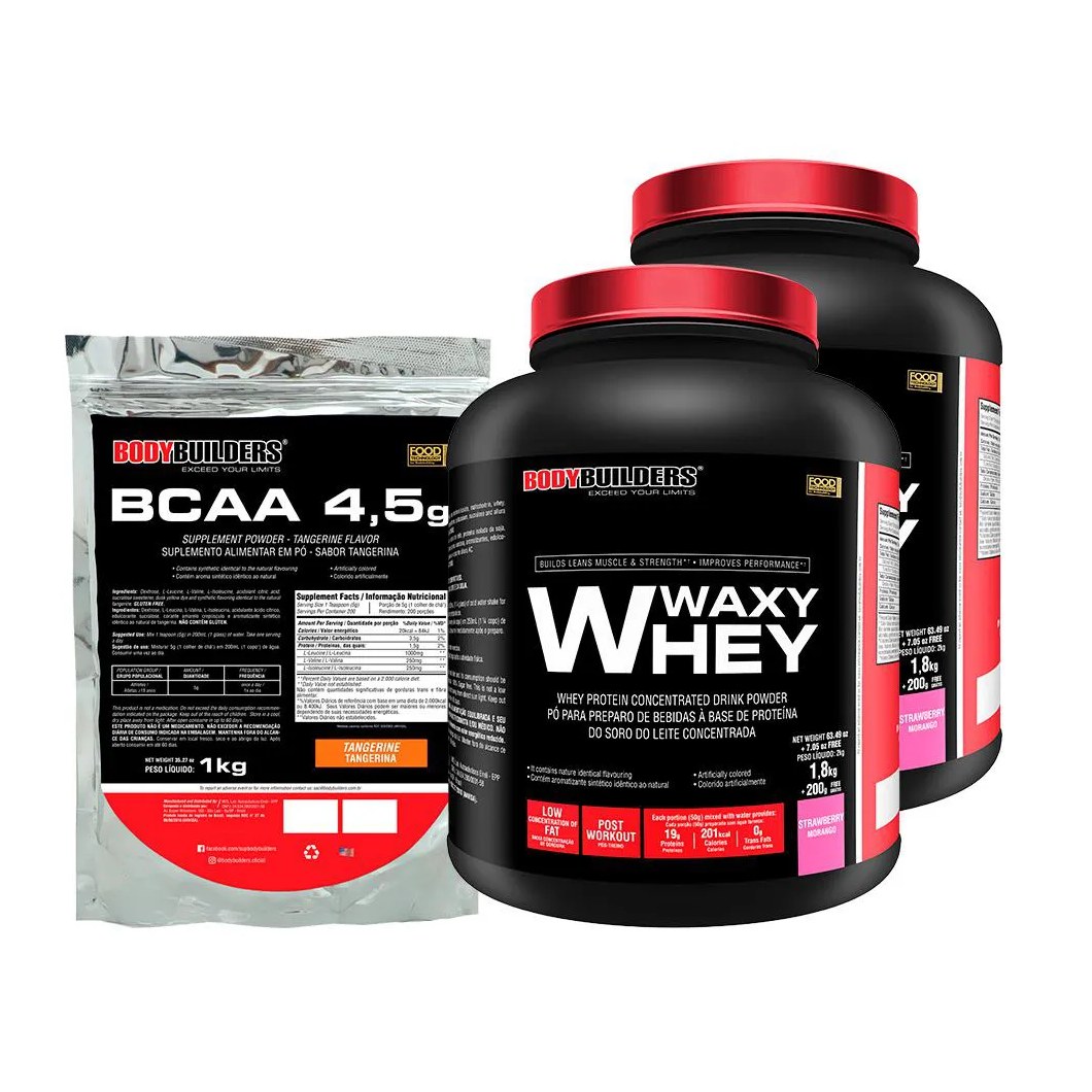 Kit 2x Waxy Whey 2kg + Bcaa 1kg Tangerina - Bodybuilders Morango