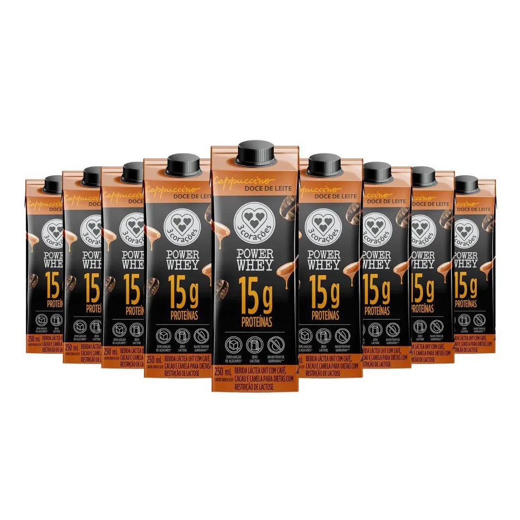 Bebida Proteica Power Whey Cappuccino Doce de Leite 3 Corações (cx 12un de 250ml) Unica