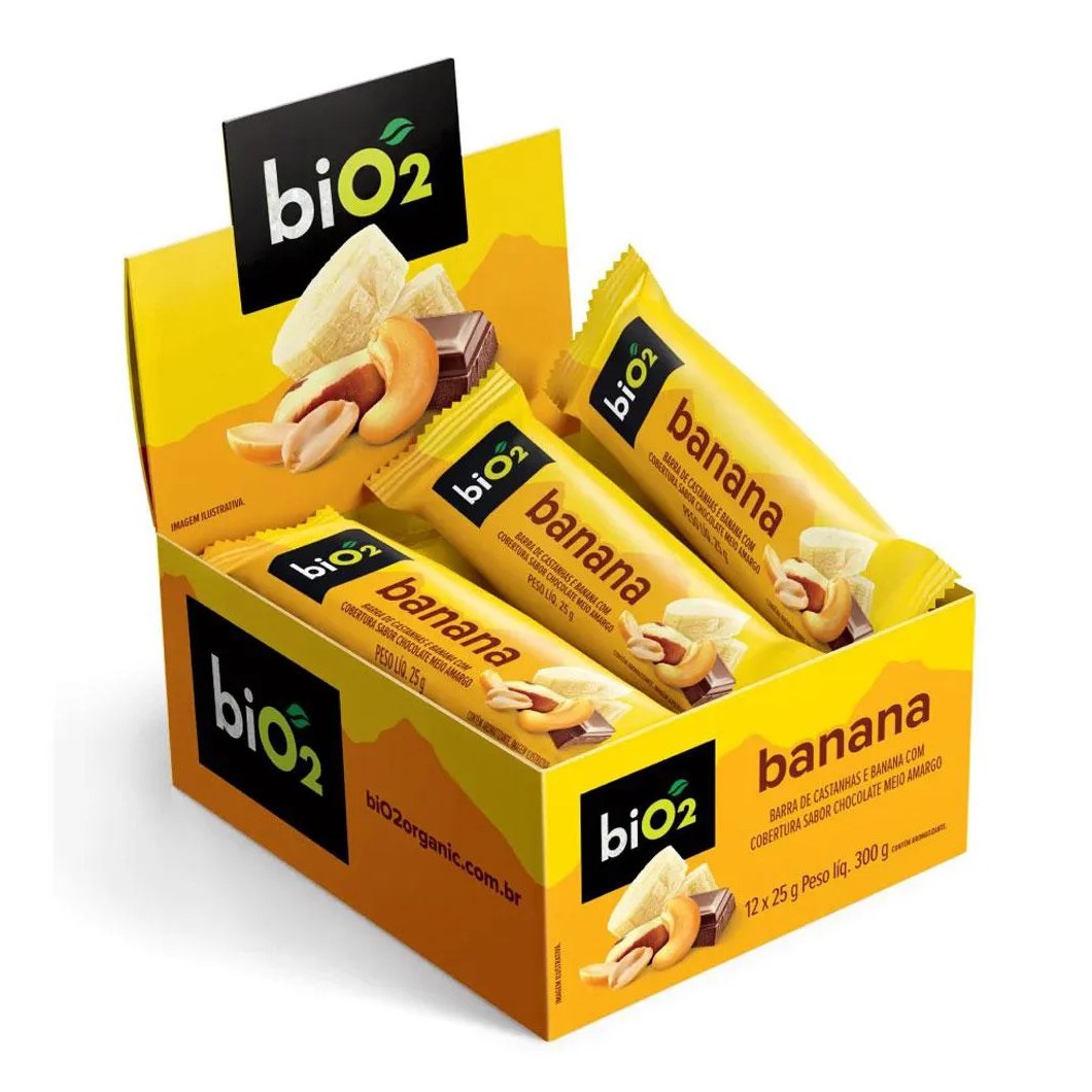 Barra de Castanhas e Frutas Banana com Chocolate Bio2 Nuts (cx 12un de 25g)