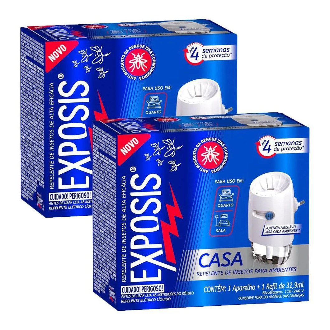 Kit 2 Aparelhos Elétrico + Refil Repelente Líquido Exposis Casa 32,9ml