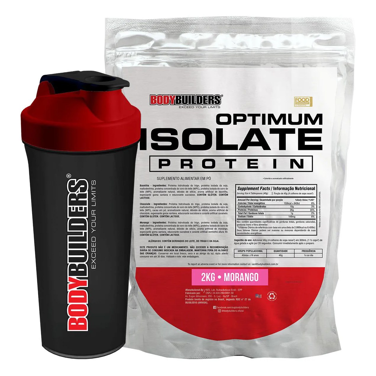 Kit Optimum Isolate Whey Protein 2kg + Coqueteleira - Recuperação Muscular - Bodybuilders Morango