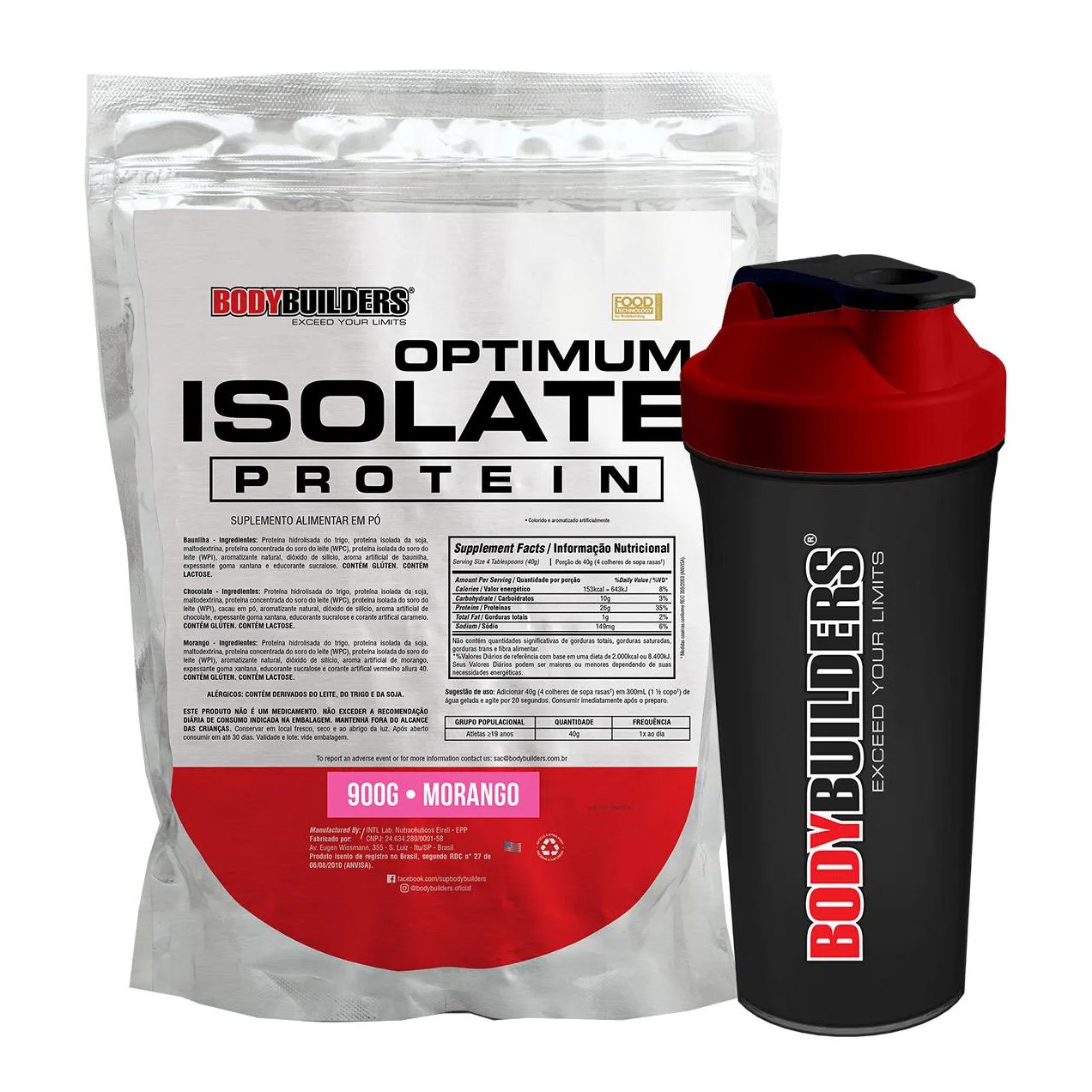 Kit Whey Protein BodyBuilders Optimum Isolate Morango 900g + Coqueteleira Shaker 600ml