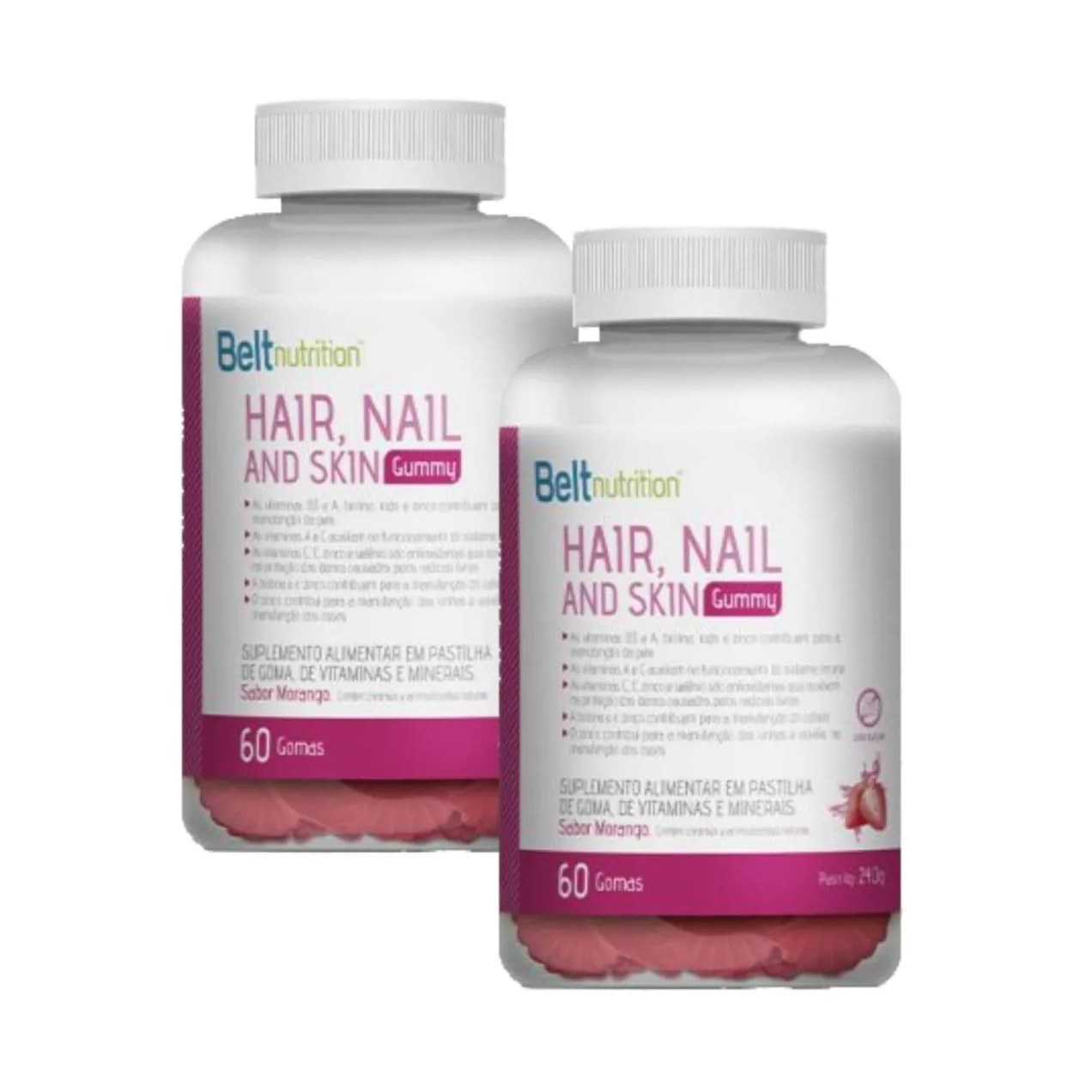 2x Belt Hair, Nail And Skin Gummy - Morango - 60 Gomas
