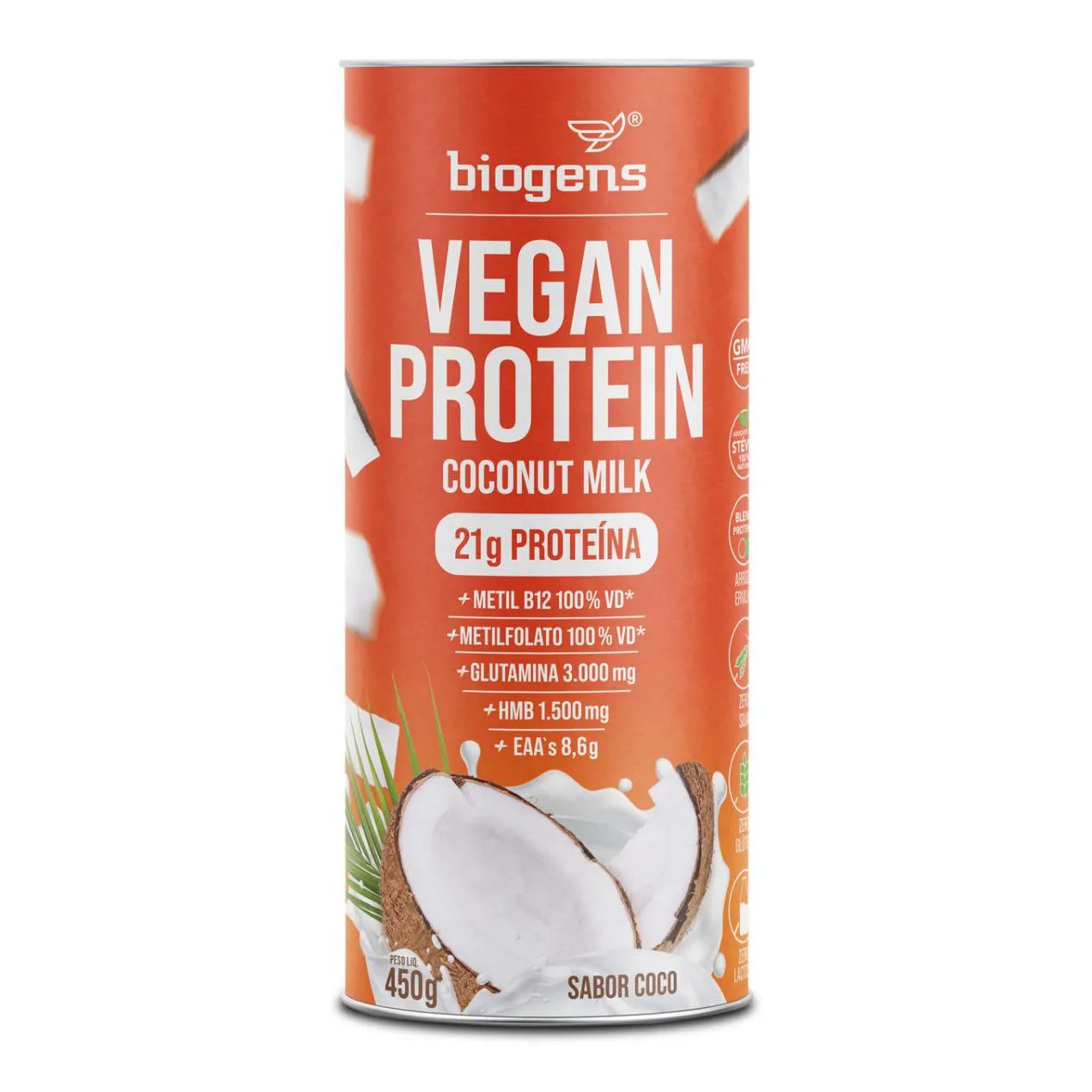 Proteína Vegana 21g, Leite de Coco, Gmo Free, 450g, Biogens