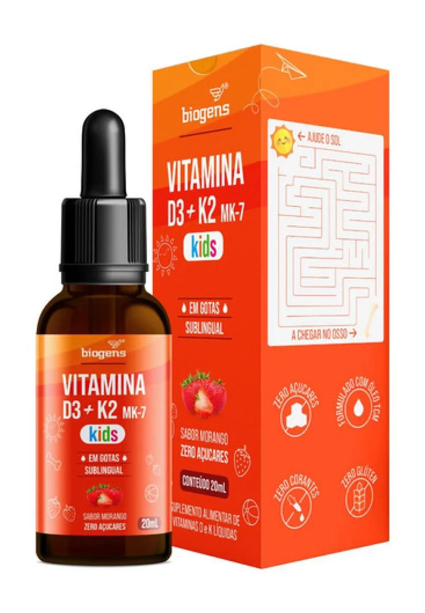 Vitamina D3 + K2, Mk7, Kids, Gotas Frutas Vermelhas, Biogens Morango